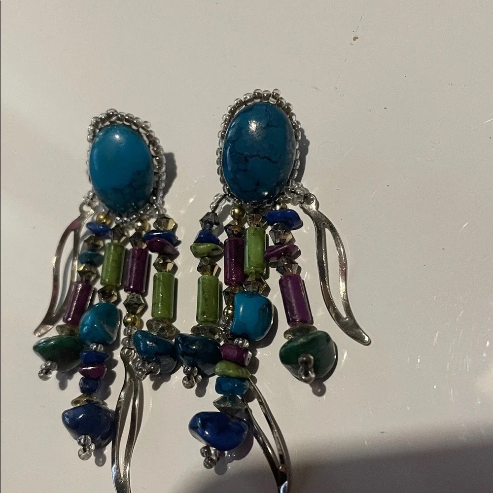 Turquoise Beaded Dangle Earrings Silver Tone‎ Boho Statement Jewelry